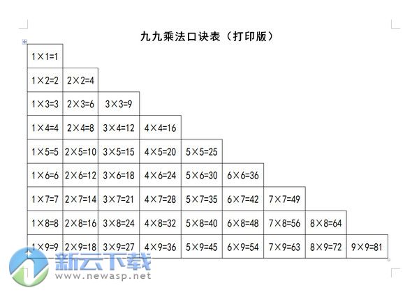 九九乘法口诀表打印版 Word/Excel版