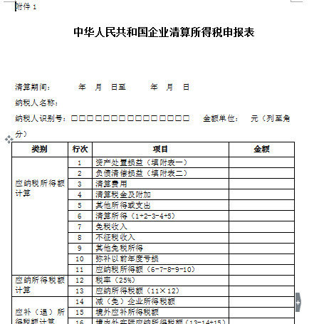 企业清算所得税申报表范本（带附表） 2018